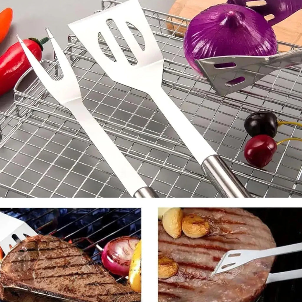 AEELLEEA 9 Piece BBQ Grill Tool Set, Stainless Steel Grilling Accessories with Spatula, Fork, Tongs, Knife, Brush, Skewers & Ba