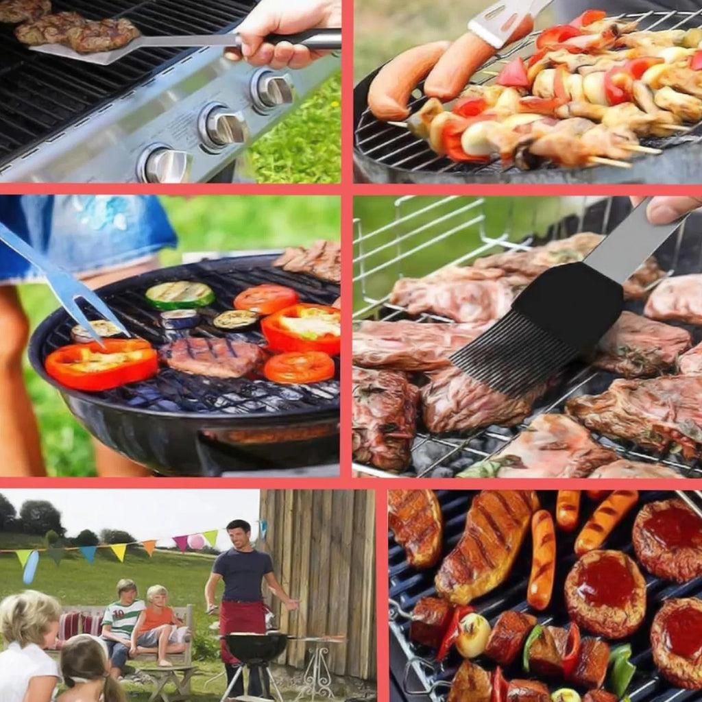 AEELLEEA 9 Piece BBQ Grill Tool Set, Stainless Steel Grilling Accessories with Spatula, Fork, Tongs, Knife, Brush, Skewers & Ba