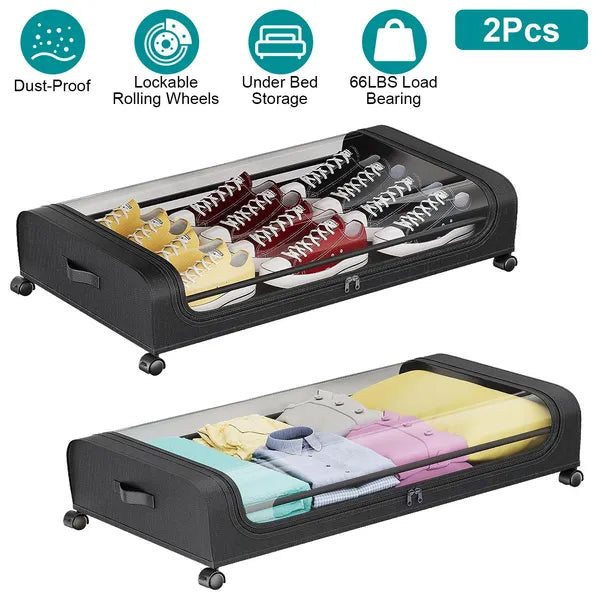 AEELLEEA Under Bed Storage Containers 2 Pack, Rolling Drawers with Lockable Wheels & Clear Lid, Foldable Clothes Bins, 31.5x17.3x6.7in