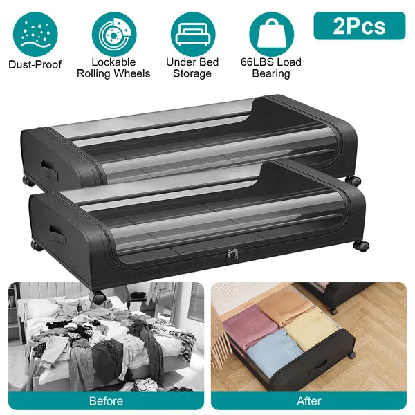 AEELLEEA Under Bed Storage Containers 2 Pack, Rolling Drawers with Lockable Wheels & Clear Lid, Foldable Clothes Bins, 31.5x17.3x6.7in