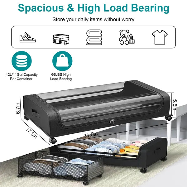 AEELLEEA Under Bed Storage Containers 2 Pack, Rolling Drawers with Lockable Wheels & Clear Lid, Foldable Clothes Bins, 31.5x17.3x6.7in
