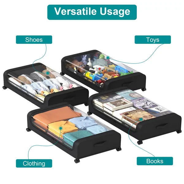 AEELLEEA Under Bed Storage Containers 2 Pack, Rolling Drawers with Lockable Wheels & Clear Lid, Foldable Clothes Bins, 31.5x17.3x6.7in