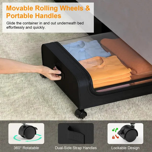 AEELLEEA Under Bed Storage Containers 2 Pack, Rolling Drawers with Lockable Wheels & Clear Lid, Foldable Clothes Bins, 31.5x17.3x6.7in