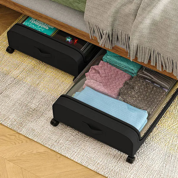 AEELLEEA Under Bed Storage Containers 2 Pack, Rolling Drawers with Lockable Wheels & Clear Lid, Foldable Clothes Bins, 31.5x17.3x6.7in