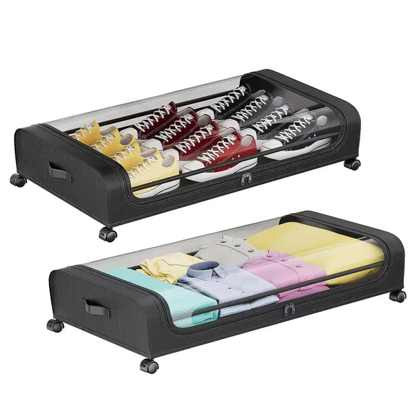 AEELLEEA Under Bed Storage Containers 2 Pack, Rolling Drawers with Lockable Wheels & Clear Lid, Foldable Clothes Bins, 31.5x17.3x6.7in
