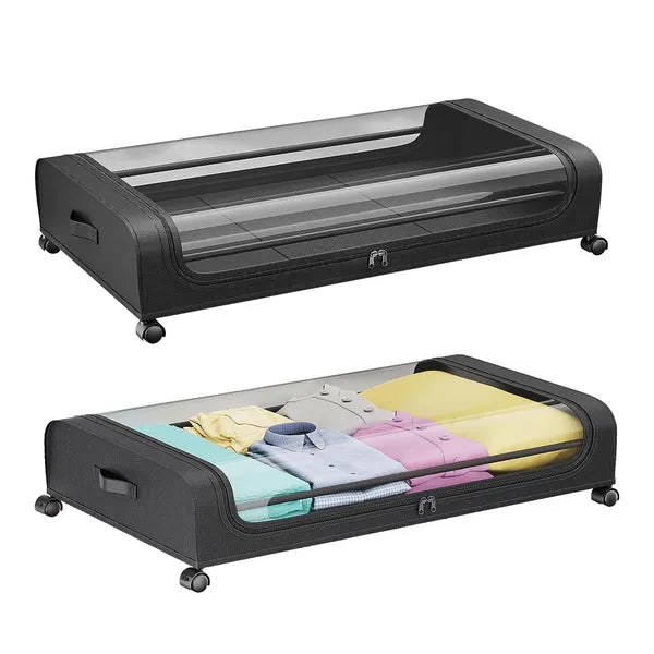AEELLEEA Under Bed Storage Containers 2 Pack, Rolling Drawers with Lockable Wheels & Clear Lid, Foldable Clothes Bins, 31.5x17.3x6.7in