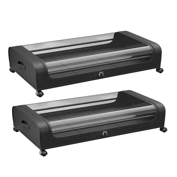 AEELLEEA Under Bed Storage Containers 2 Pack, Rolling Drawers with Lockable Wheels & Clear Lid, Foldable Clothes Bins, 31.5x17.3x6.7in