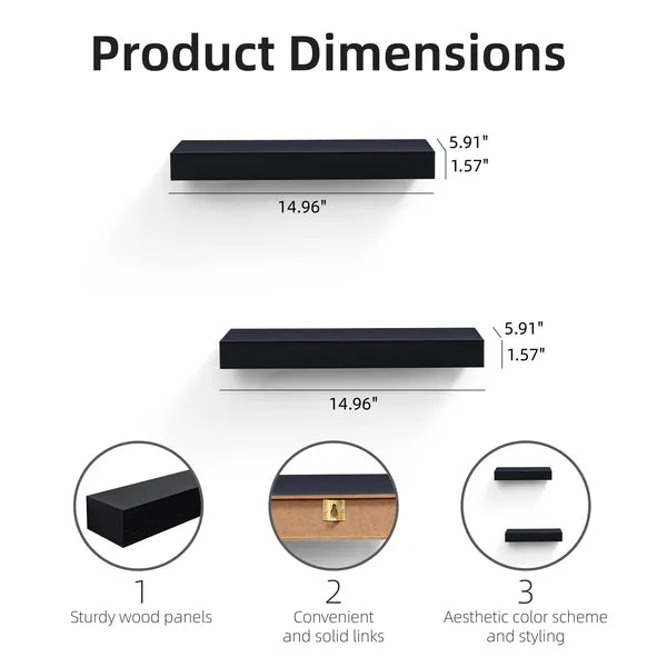 AEELLEEA Black Floating Wall Shelves 2 Pack, 15 Inch Wood Wall Shelf with Invisible Brackets for Bedroom Bathroom Living Room Kitchen