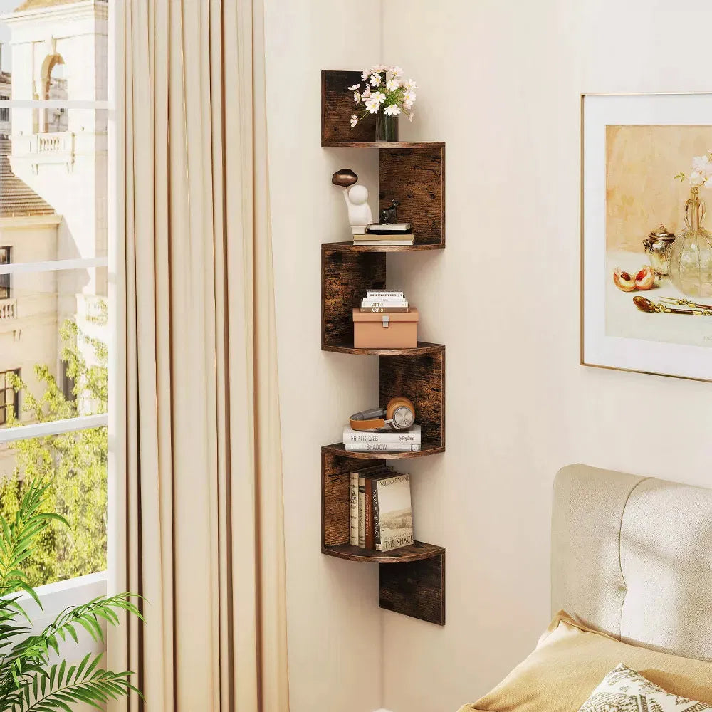 AEELLEEA 5-Tier Corner Shelf, Rustic Brown Floating Bookshelf Wall Mounted, 8 x 8 x 50 Inch, 15 lbs Per Tier, Bedroom Living Room
