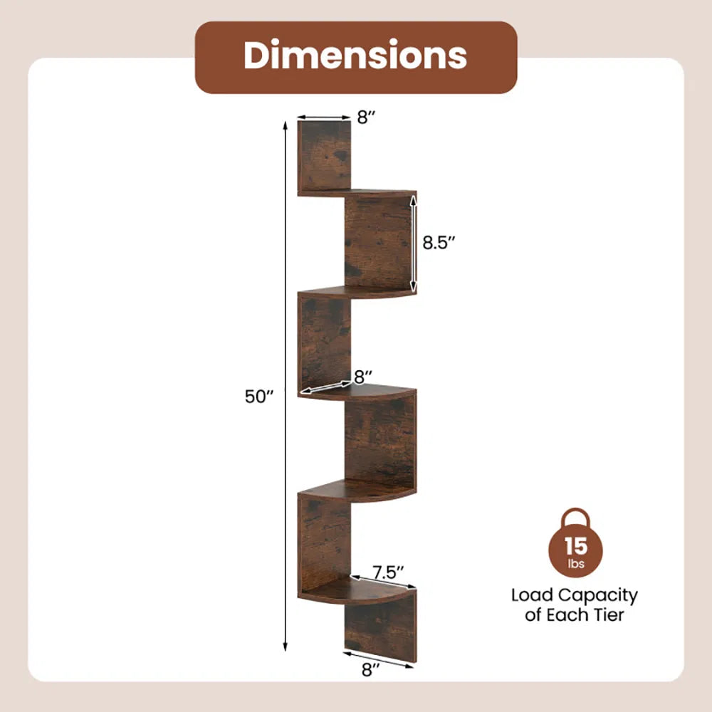 AEELLEEA 5-Tier Corner Shelf, Rustic Brown Floating Bookshelf Wall Mounted, 8 x 8 x 50 Inch, 15 lbs Per Tier, Bedroom Living Room