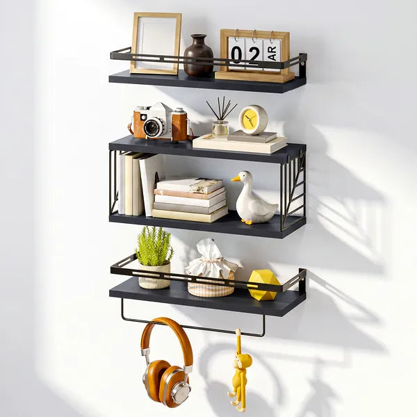 AEELLEEA Black Floating Wall Shelves Set of 3, Paulownia Wood Bathroom Shelf with Metal Guardrail, Towel Bar & Wire Basket, 20 lbs Each