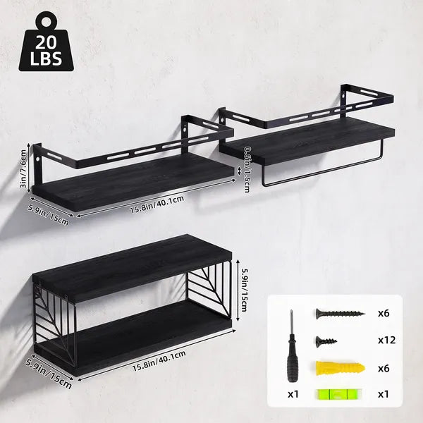 AEELLEEA Black Floating Wall Shelves Set of 3, Paulownia Wood Bathroom Shelf with Metal Guardrail, Towel Bar & Wire Basket, 20 lbs Each