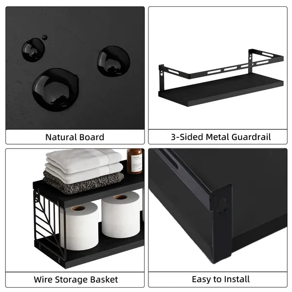 AEELLEEA Black Floating Wall Shelves Set of 3, Paulownia Wood Bathroom Shelf with Metal Guardrail, Towel Bar & Wire Basket, 20 lbs Each