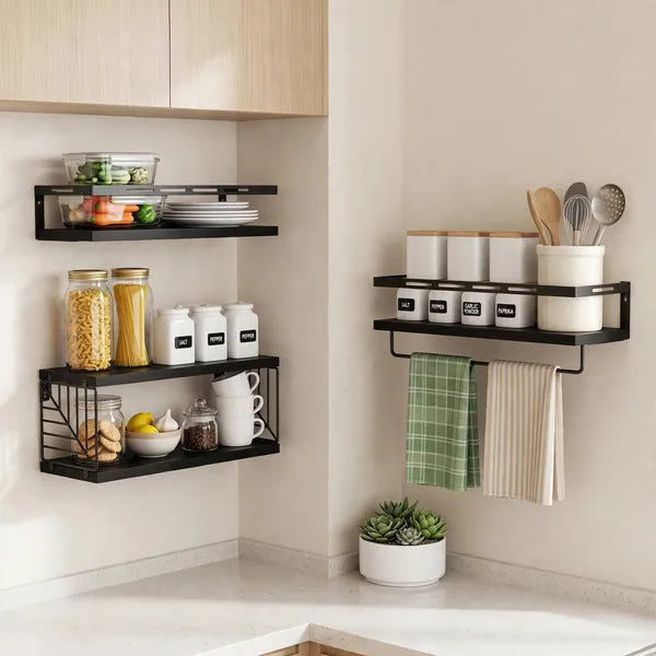 AEELLEEA Black Floating Wall Shelves Set of 3, Paulownia Wood Bathroom Shelf with Metal Guardrail, Towel Bar & Wire Basket, 20 lbs Each