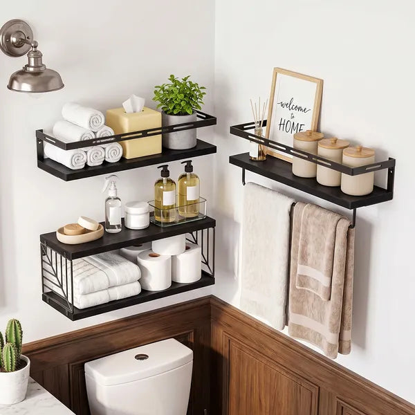 AEELLEEA Black Floating Wall Shelves Set of 3, Paulownia Wood Bathroom Shelf with Metal Guardrail, Towel Bar & Wire Basket, 20 lbs Each