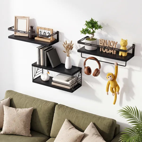 AEELLEEA Black Floating Wall Shelves Set of 3, Paulownia Wood Bathroom Shelf with Metal Guardrail, Towel Bar & Wire Basket, 20 lbs Each