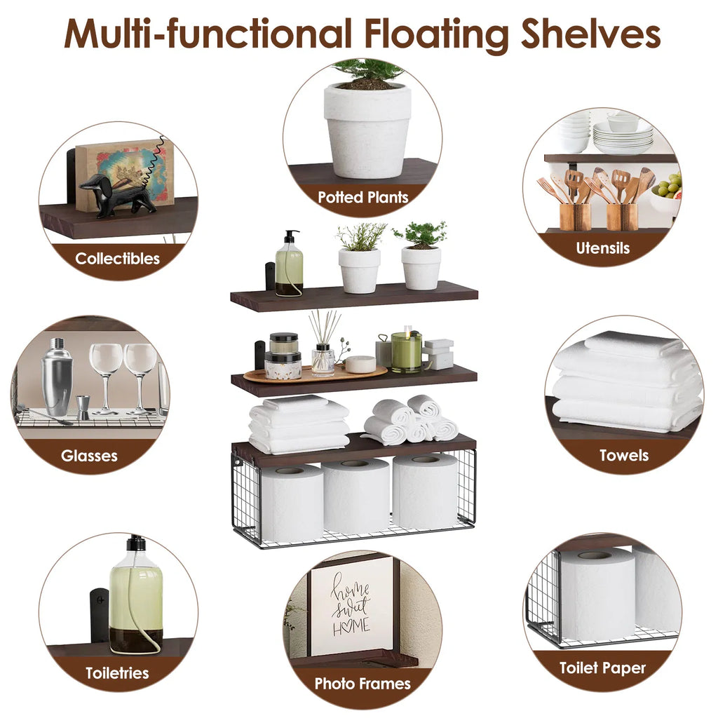 AEELLEEA Floating Wall Shelves 3 Pack with Wire Basket, Rustic Paulownia Wood Bathroom Shelves, Iron Brackets, 66 lbs Total