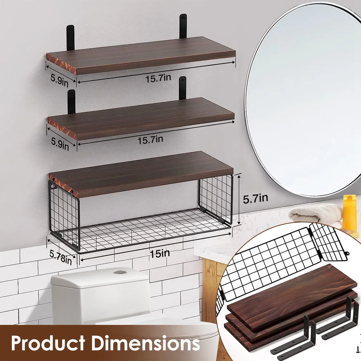 AEELLEEA Floating Wall Shelves 3 Pack with Wire Basket, Rustic Paulownia Wood Bathroom Shelves, Iron Brackets, 66 lbs Total