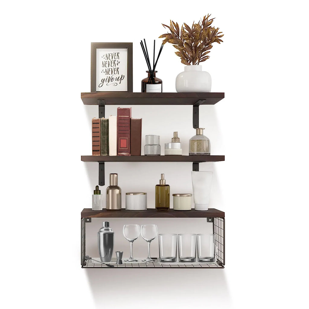 AEELLEEA Floating Wall Shelves 3 Pack with Wire Basket, Rustic Paulownia Wood Bathroom Shelves, Iron Brackets, 66 lbs Total