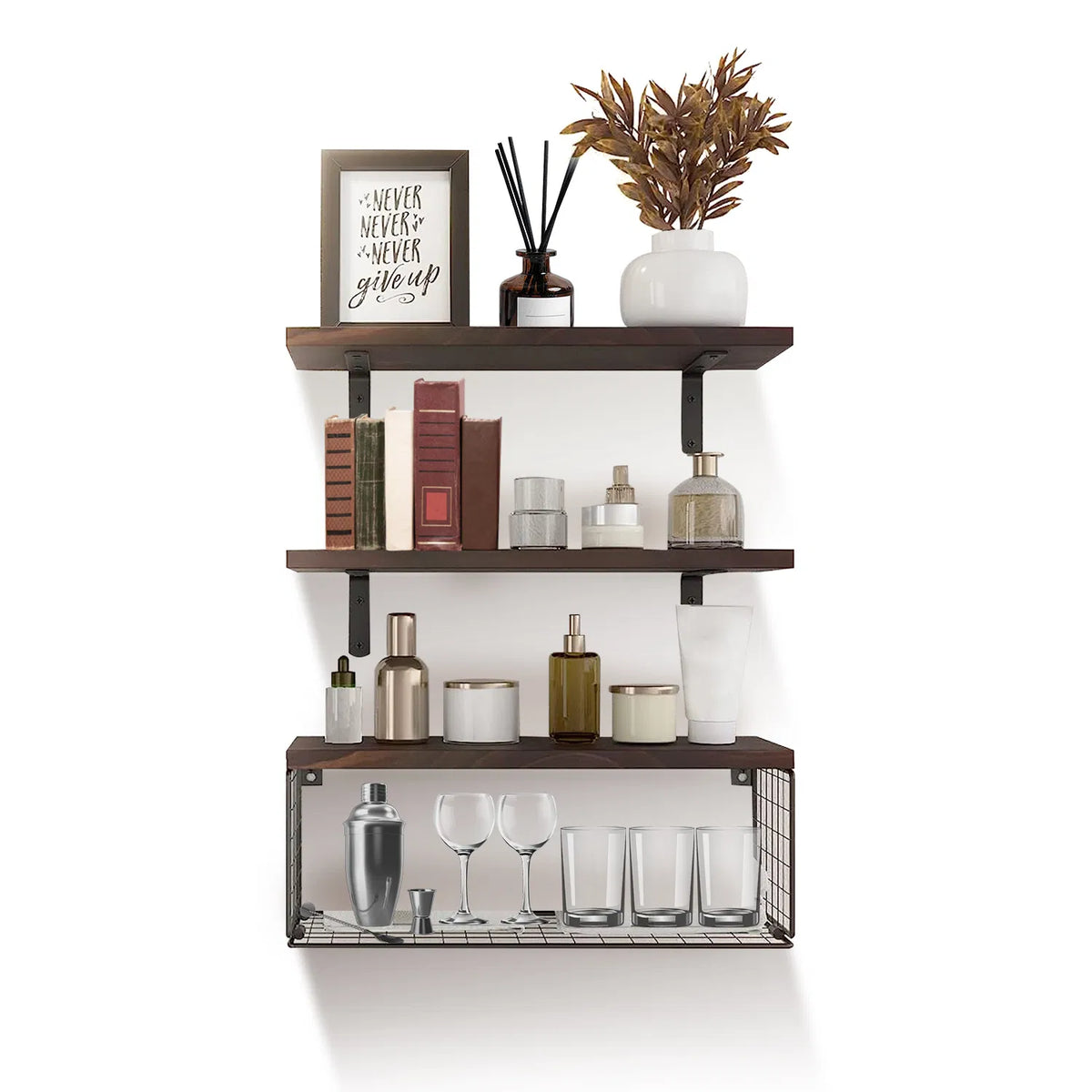 AEELLEEA Floating Wall Shelves 3 Pack with Wire Basket, Rustic Paulownia Wood Bathroom Shelves, Iron Brackets, 66 lbs Total