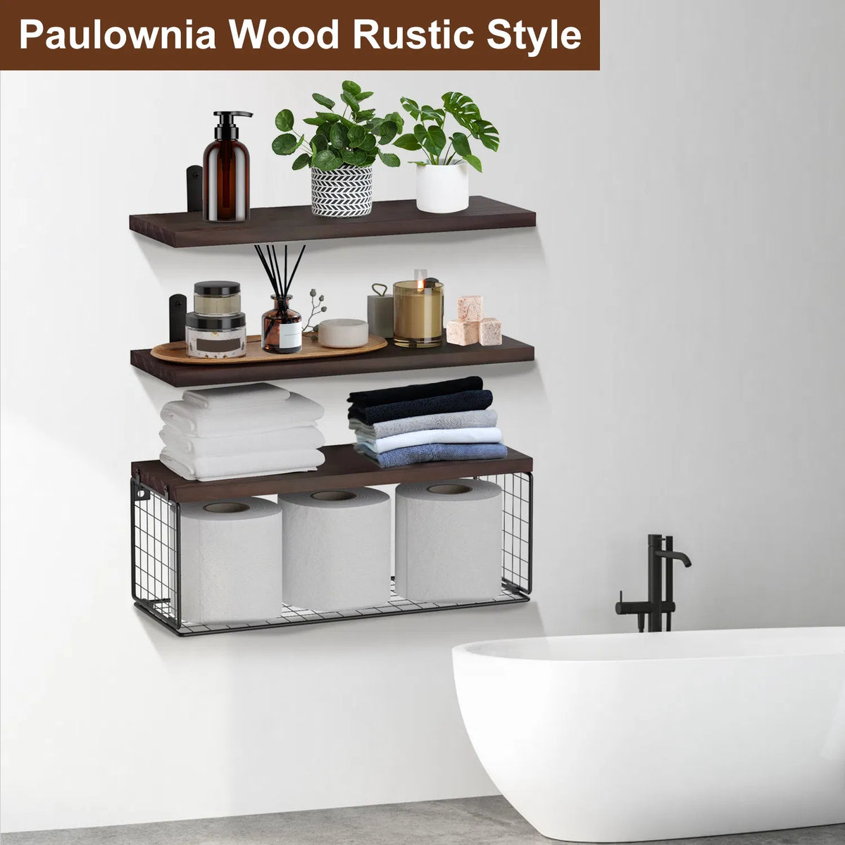 AEELLEEA Floating Wall Shelves 3 Pack with Wire Basket, Rustic Paulownia Wood Bathroom Shelves, Iron Brackets, 66 lbs Total