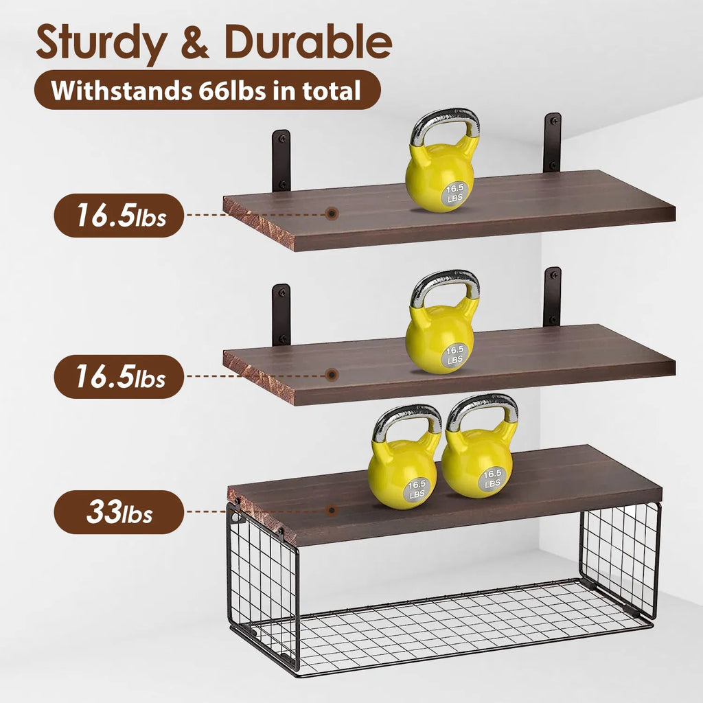 AEELLEEA Floating Wall Shelves 3 Pack with Wire Basket, Rustic Paulownia Wood Bathroom Shelves, Iron Brackets, 66 lbs Total