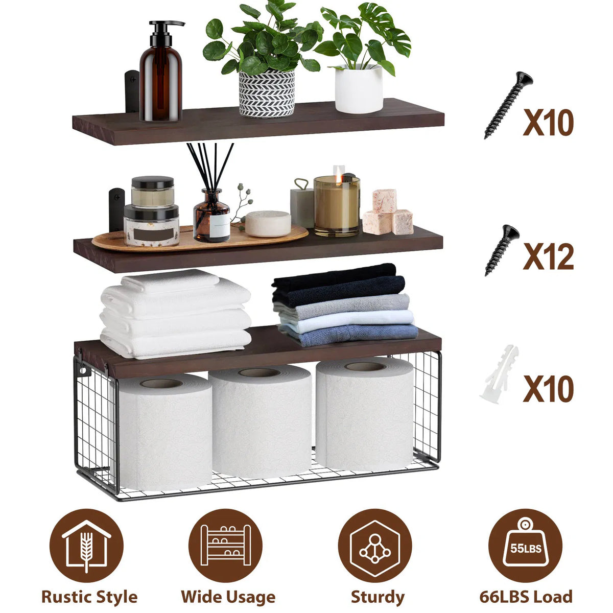 AEELLEEA Floating Wall Shelves 3 Pack with Wire Basket, Rustic Paulownia Wood Bathroom Shelves, Iron Brackets, 66 lbs Total
