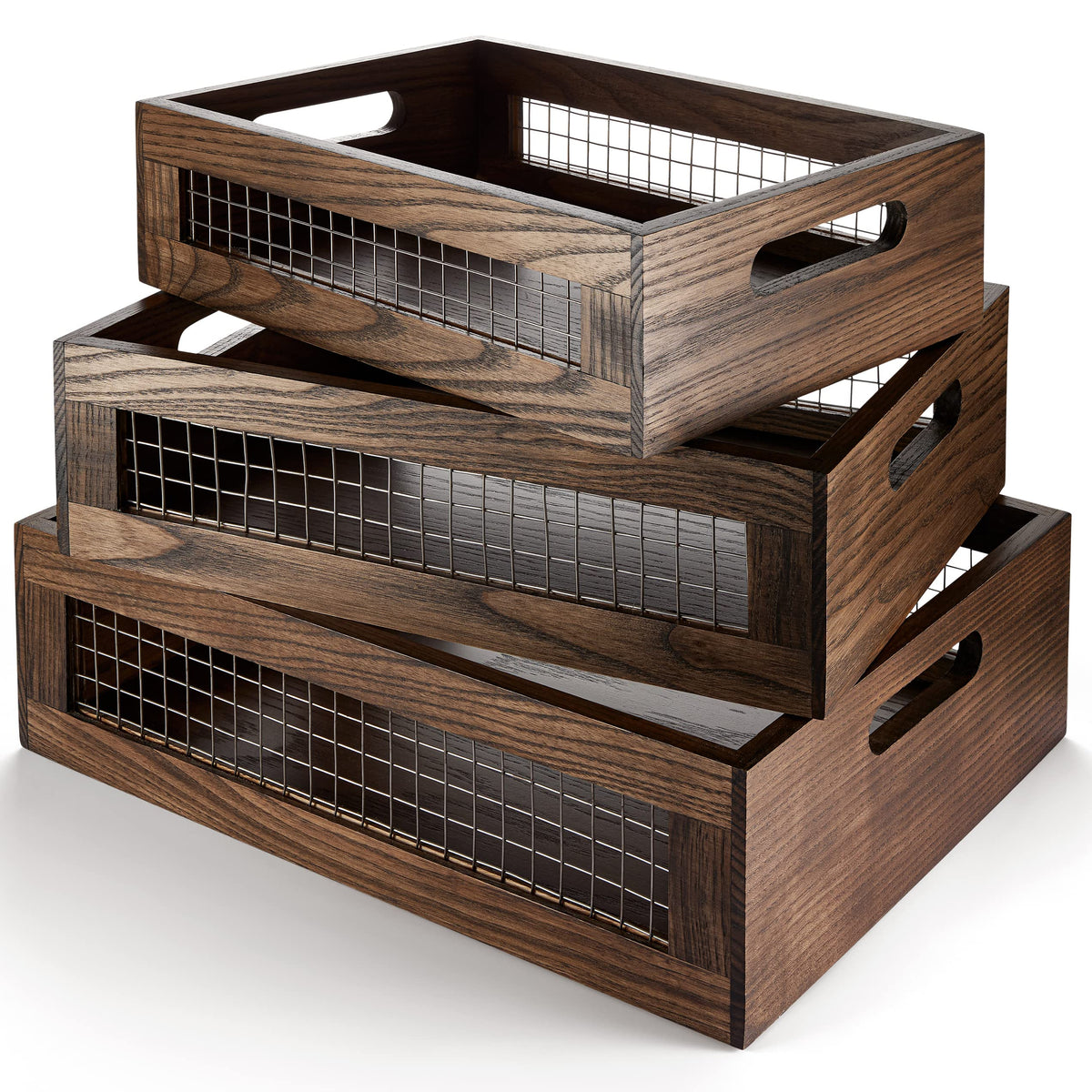 AEELLEEA Wooden Storage Baskets Set of 3, Nesting Wood Crates with Wire Mesh and Handles, Brown Stackable Bins for Kitchen Bathroom