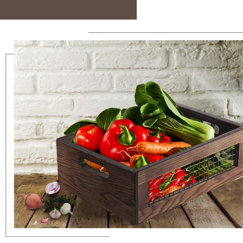 AEELLEEA Wooden Storage Baskets Set of 3, Nesting Wood Crates with Wire Mesh and Handles, Brown Stackable Bins for Kitchen Bathroom