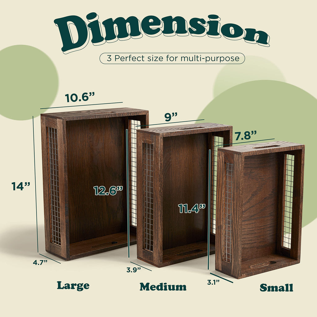 AEELLEEA Wooden Storage Baskets Set of 3, Nesting Wood Crates with Wire Mesh and Handles, Brown Stackable Bins for Kitchen Bathroom