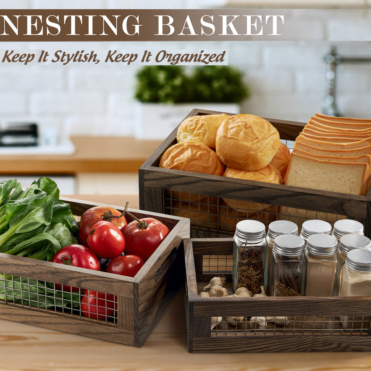 AEELLEEA Wooden Storage Baskets Set of 3, Nesting Wood Crates with Wire Mesh and Handles, Brown Stackable Bins for Kitchen Bathroom