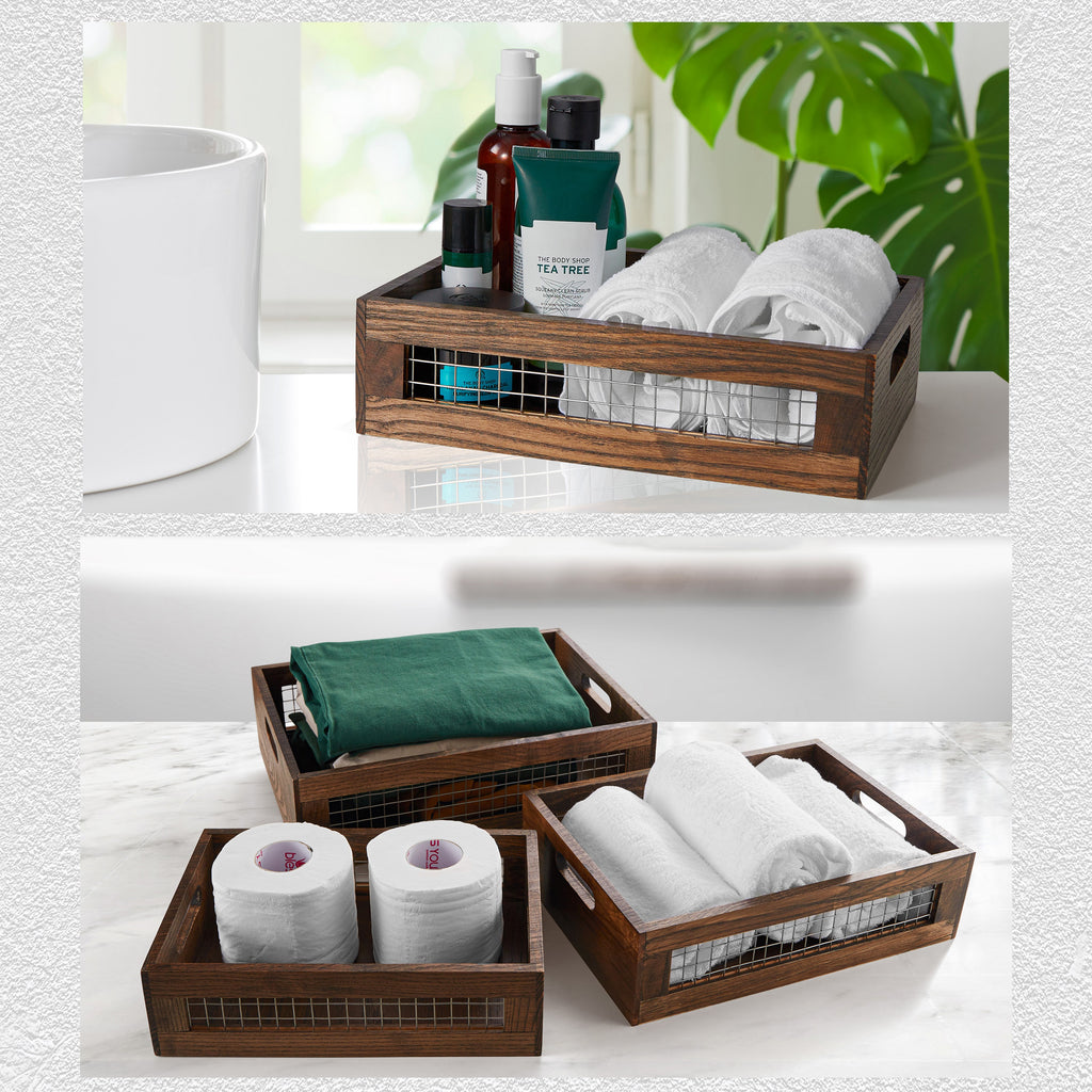 AEELLEEA Wooden Storage Baskets Set of 3, Nesting Wood Crates with Wire Mesh and Handles, Brown Stackable Bins for Kitchen Bathroom