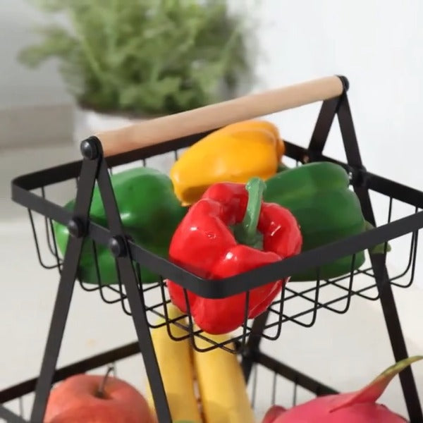 AEELLEEA 3 Tier Fruit Basket, Black Metal Wire Produce Rack with Wood Handle, Detachable Kitchen Organizer for Fruits and Snacks