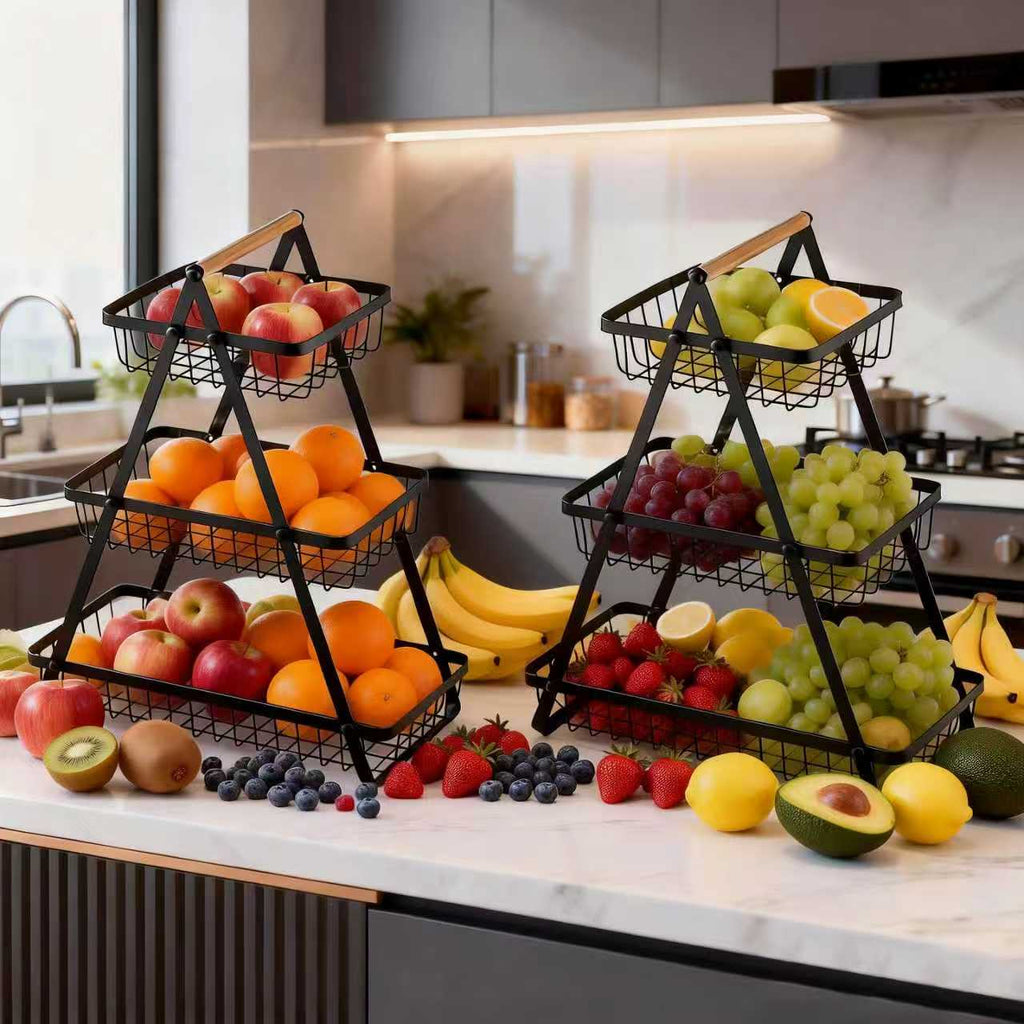 AEELLEEA 3 Tier Fruit Basket, Black Metal Wire Produce Rack with Wood Handle, Detachable Kitchen Organizer for Fruits and Snacks
