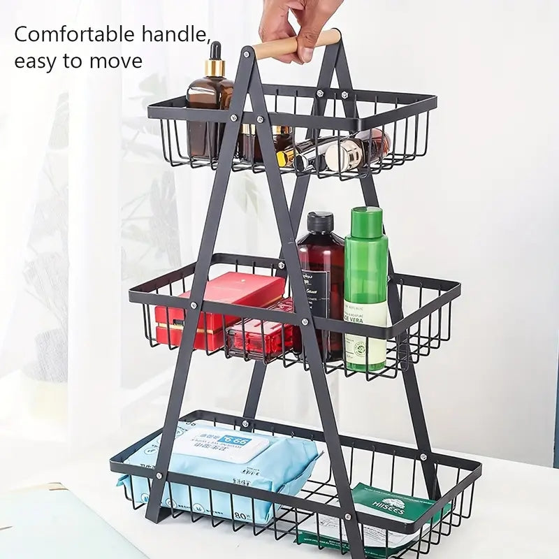 AEELLEEA 3 Tier Fruit Basket, Black Metal Wire Produce Rack with Wood Handle, Detachable Kitchen Organizer for Fruits and Snacks