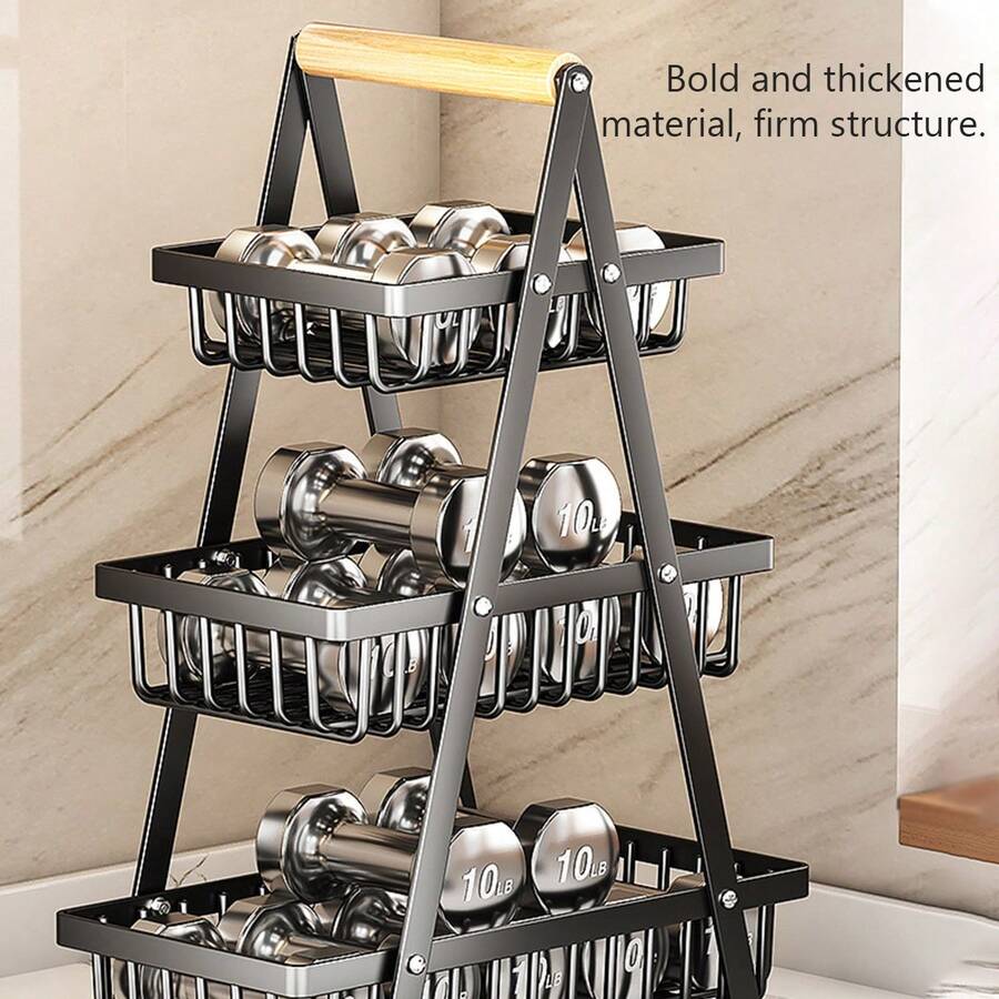 AEELLEEA 3 Tier Fruit Basket, Black Metal Wire Produce Rack with Wood Handle, Detachable Kitchen Organizer for Fruits and Snacks