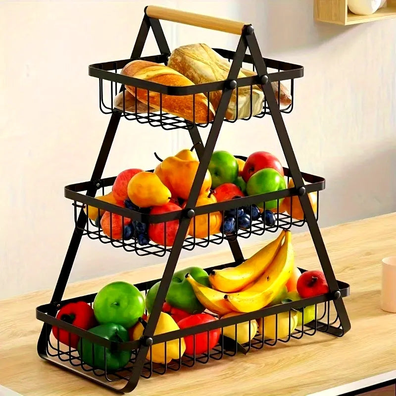 AEELLEEA 3 Tier Fruit Basket, Black Metal Wire Produce Rack with Wood Handle, Detachable Kitchen Organizer for Fruits and Snacks