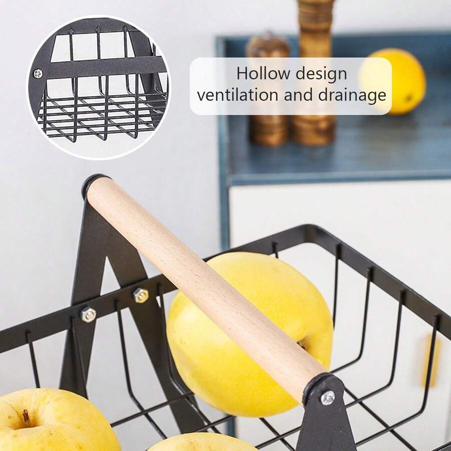 AEELLEEA 3 Tier Fruit Basket, Black Metal Wire Produce Rack with Wood Handle, Detachable Kitchen Organizer for Fruits and Snacks