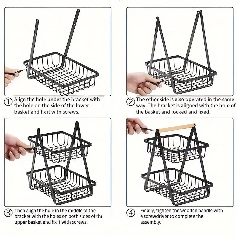 AEELLEEA 3 Tier Fruit Basket, Black Metal Wire Produce Rack with Wood Handle, Detachable Kitchen Organizer for Fruits and Snacks