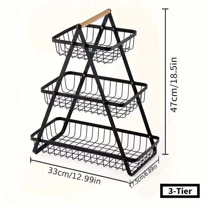 AEELLEEA 3 Tier Fruit Basket, Black Metal Wire Produce Rack with Wood Handle, Detachable Kitchen Organizer for Fruits and Snacks