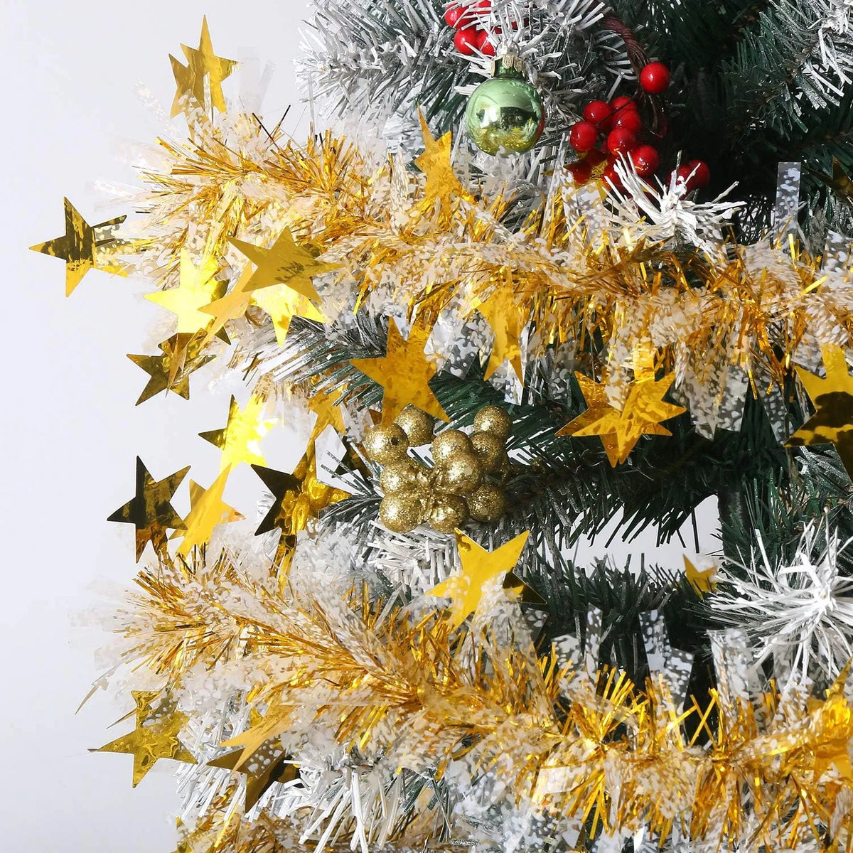 33FT Gold & White Metallic Twist Christmas Tinsel Garland, Star Sequin PVC Wire Garland, Reusable Festive Decor for Tree, Banister, Party & Wedding Decorations