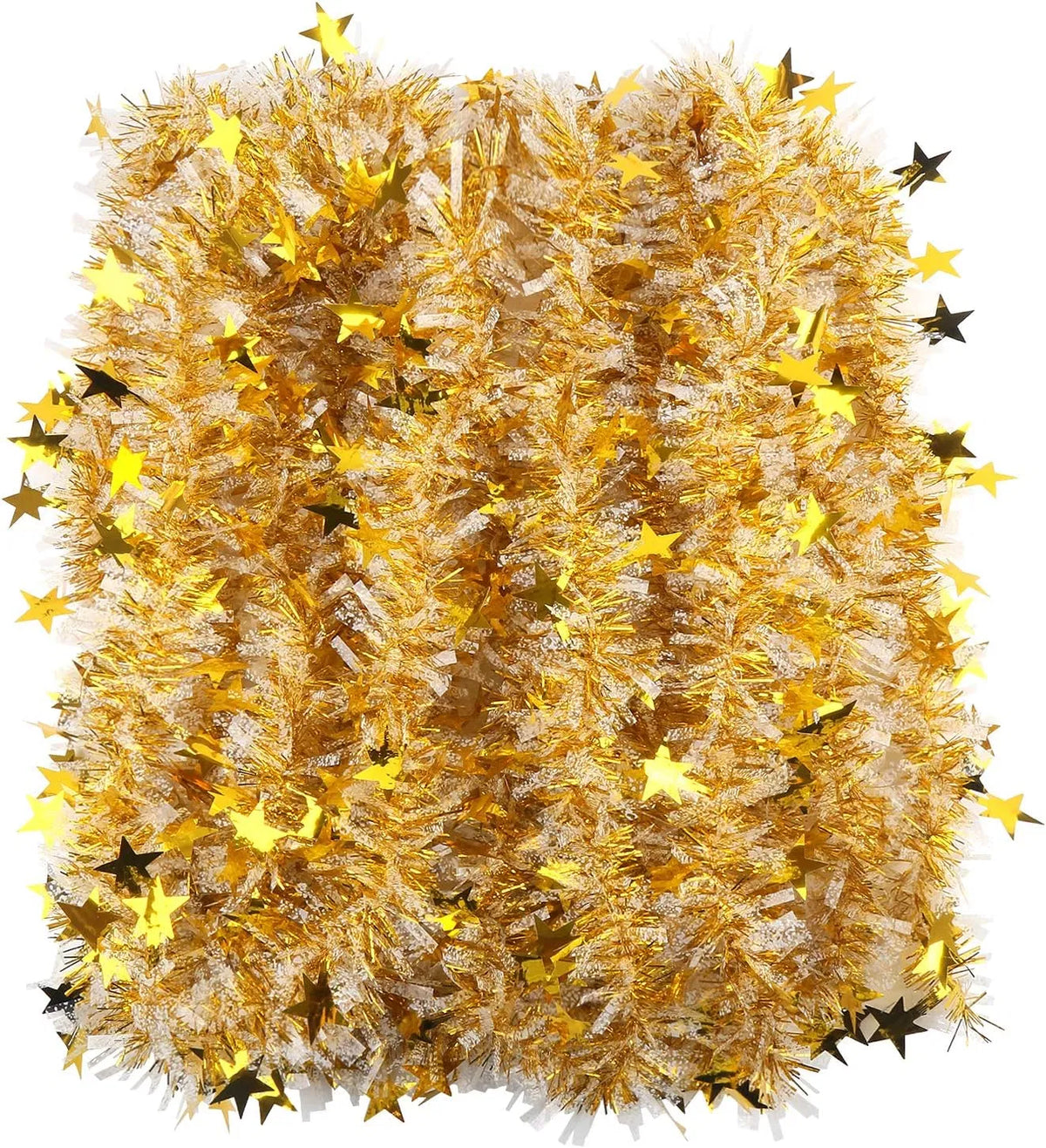 33FT Gold & White Metallic Twist Christmas Tinsel Garland, Star Sequin PVC Wire Garland, Reusable Festive Decor for Tree, Banister, Party & Wedding Decorations
