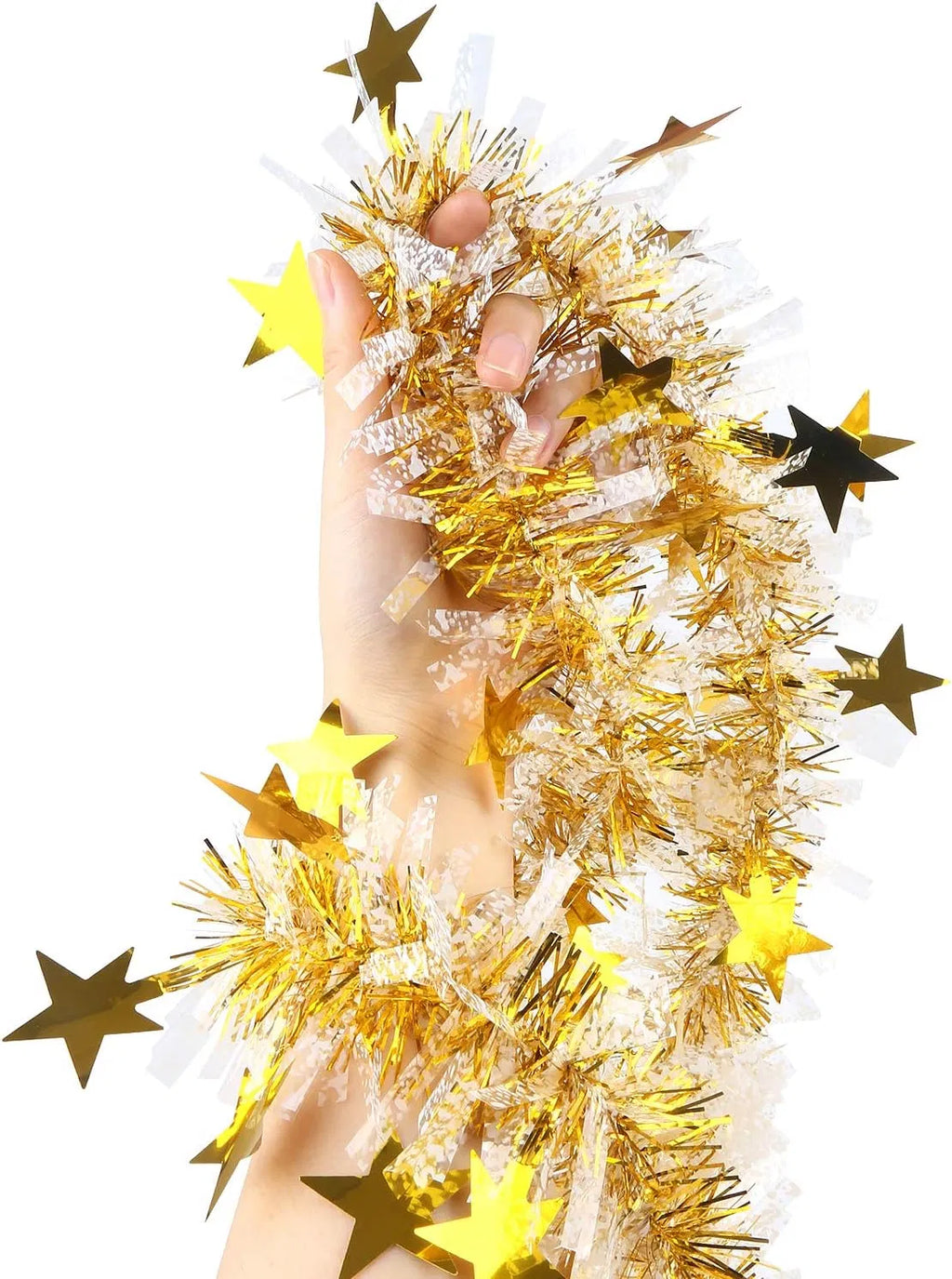 33FT Gold & White Metallic Twist Christmas Tinsel Garland, Star Sequin PVC Wire Garland, Reusable Festive Decor for Tree, Banister, Party & Wedding Decorations