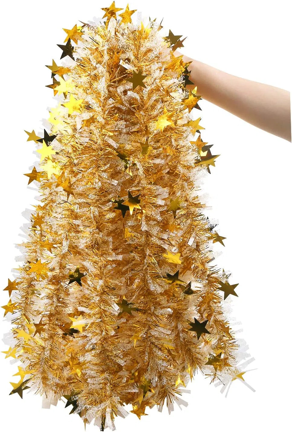 33FT Gold & White Metallic Twist Christmas Tinsel Garland, Star Sequin PVC Wire Garland, Reusable Festive Decor for Tree, Banister, Party & Wedding Decorations