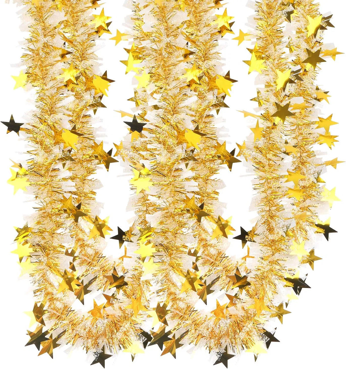 33FT Gold & White Metallic Twist Christmas Tinsel Garland, Star Sequin PVC Wire Garland, Reusable Festive Decor for Tree, Banister, Party & Wedding Decorations