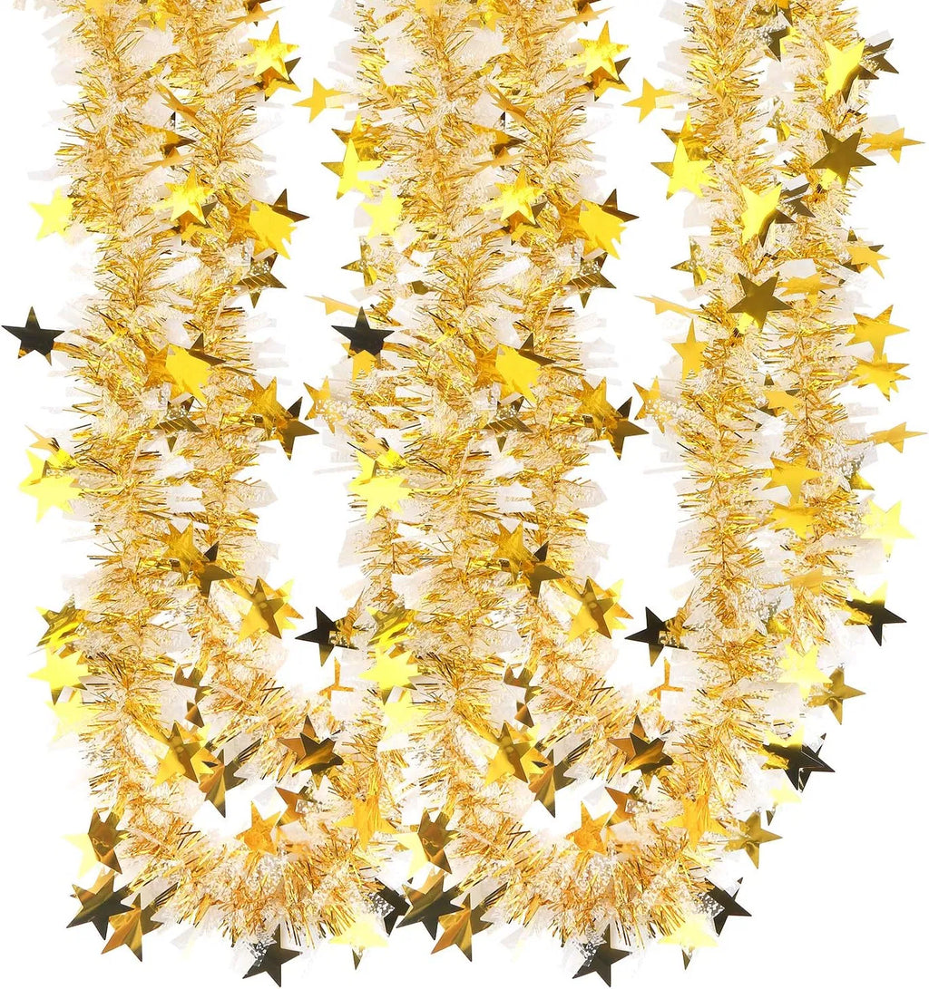 33FT Gold & White Metallic Twist Christmas Tinsel Garland, Star Sequin PVC Wire Garland, Reusable Festive Decor for Tree, Banister, Party & Wedding Decorations