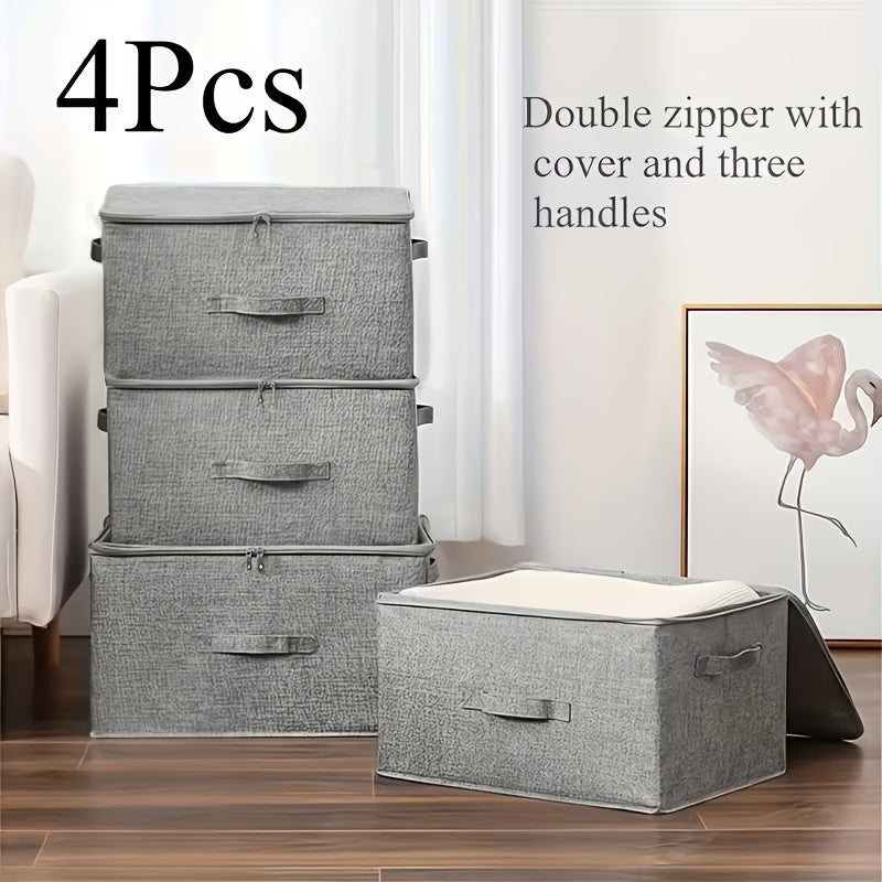 AEELLEEA 4 Pack Foldable Storage Bins with Lids, Gray Fabric Boxes with Double Zipper and Handles, Stackable for Closet Under Bed