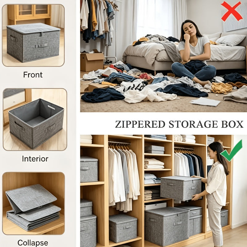 AEELLEEA 4 Pack Foldable Storage Bins with Lids, Gray Fabric Boxes with Double Zipper and Handles, Stackable for Closet Under Bed