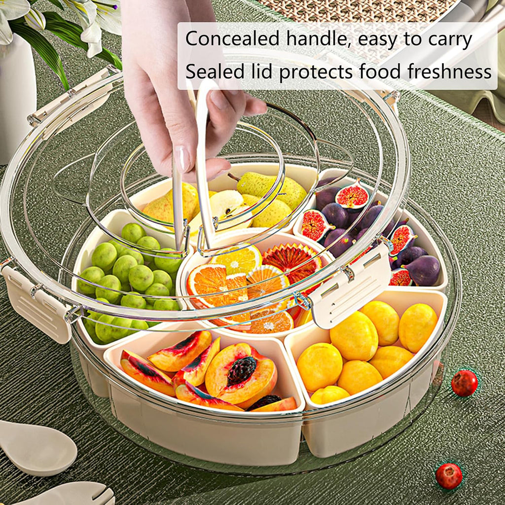 AEELLEEA Rotating Snack Tray with Lid and Handle, 6 Compartment Round Divided Serving Platter, Clear Covered Box for Fruit Nuts Candy