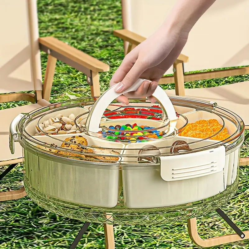 AEELLEEA Rotating Snack Tray with Lid and Handle, 6 Compartment Round Divided Serving Platter, Clear Covered Box for Fruit Nuts Candy